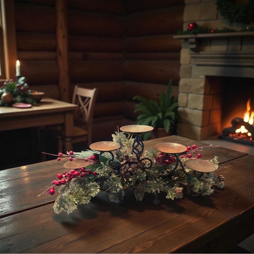 🌺𝐍𝐄𝐖-𝐑𝐮𝐬𝐭𝐢𝐜 𝐦𝐞𝐭𝐚𝐥/𝐢𝐫𝐨𝐧 Festive 𝟓 Candle Holder with Pinecones and Berries
